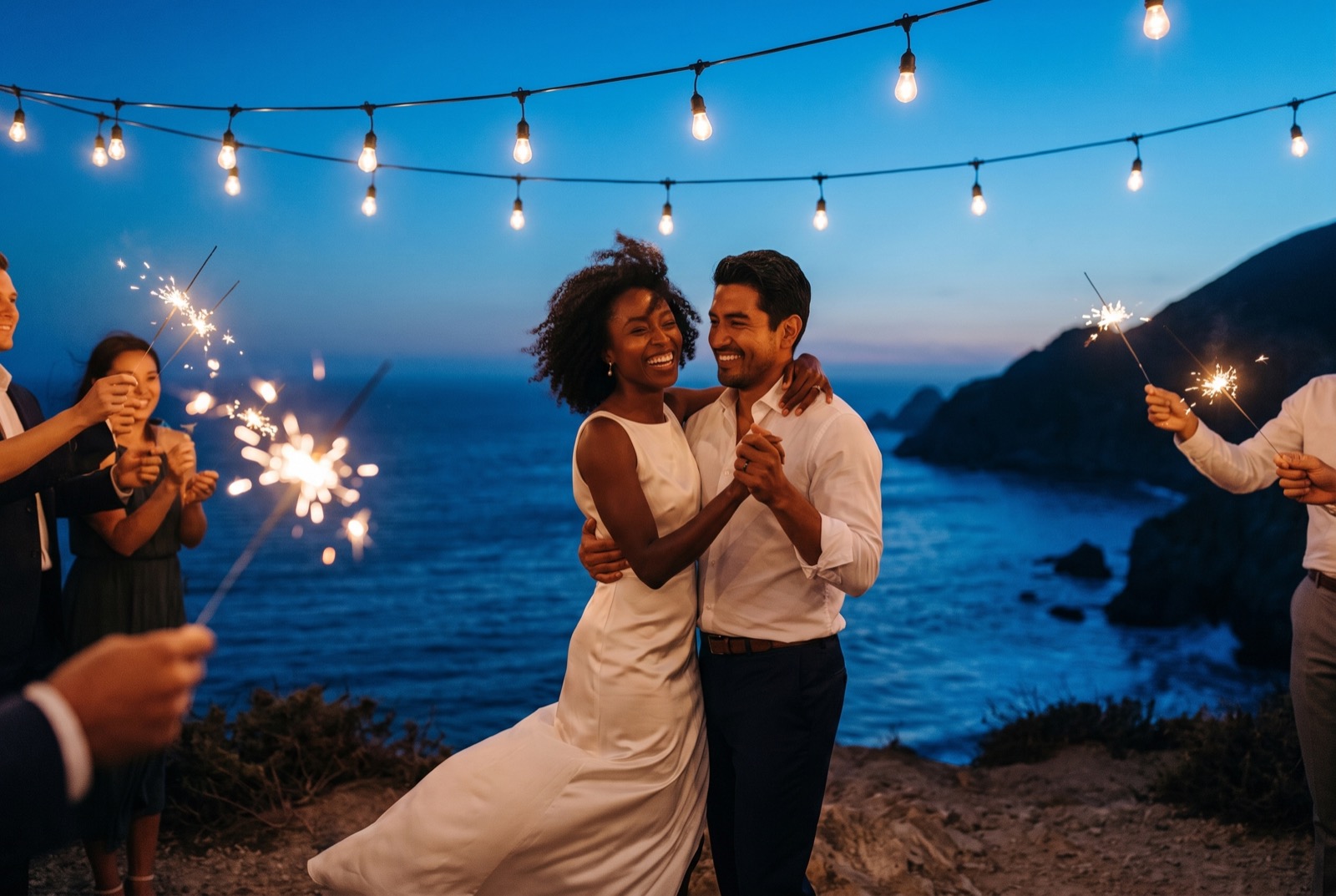 Maya and Jordan dancing close at night under a canopy of string lights, foreheads touching.