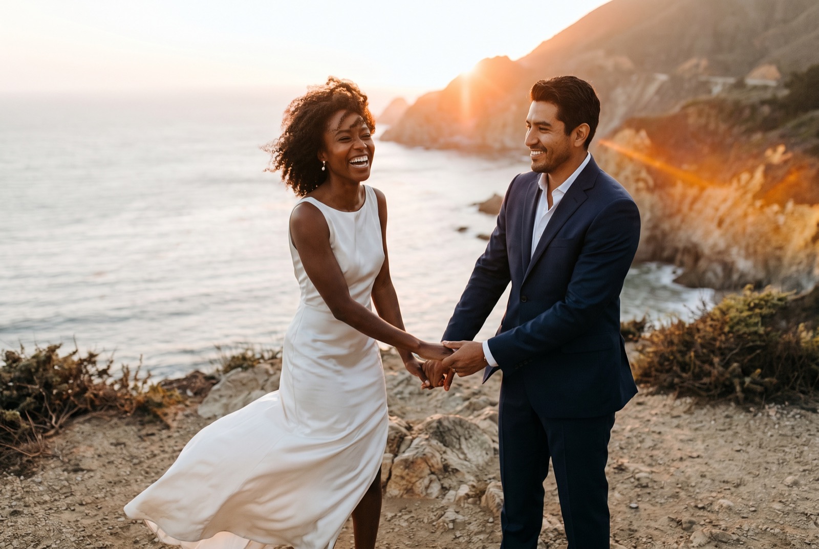 Maya and Jordan standing close together on a Big Sur clifftop, backlit by the golden-hour sun over the Pacific.